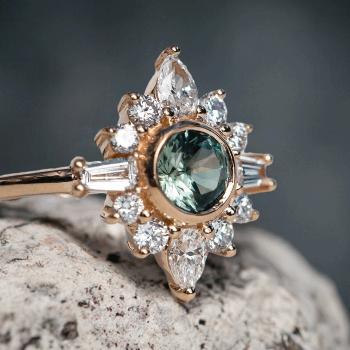 Snowflake Halo Green Diamond Ballerina Ring