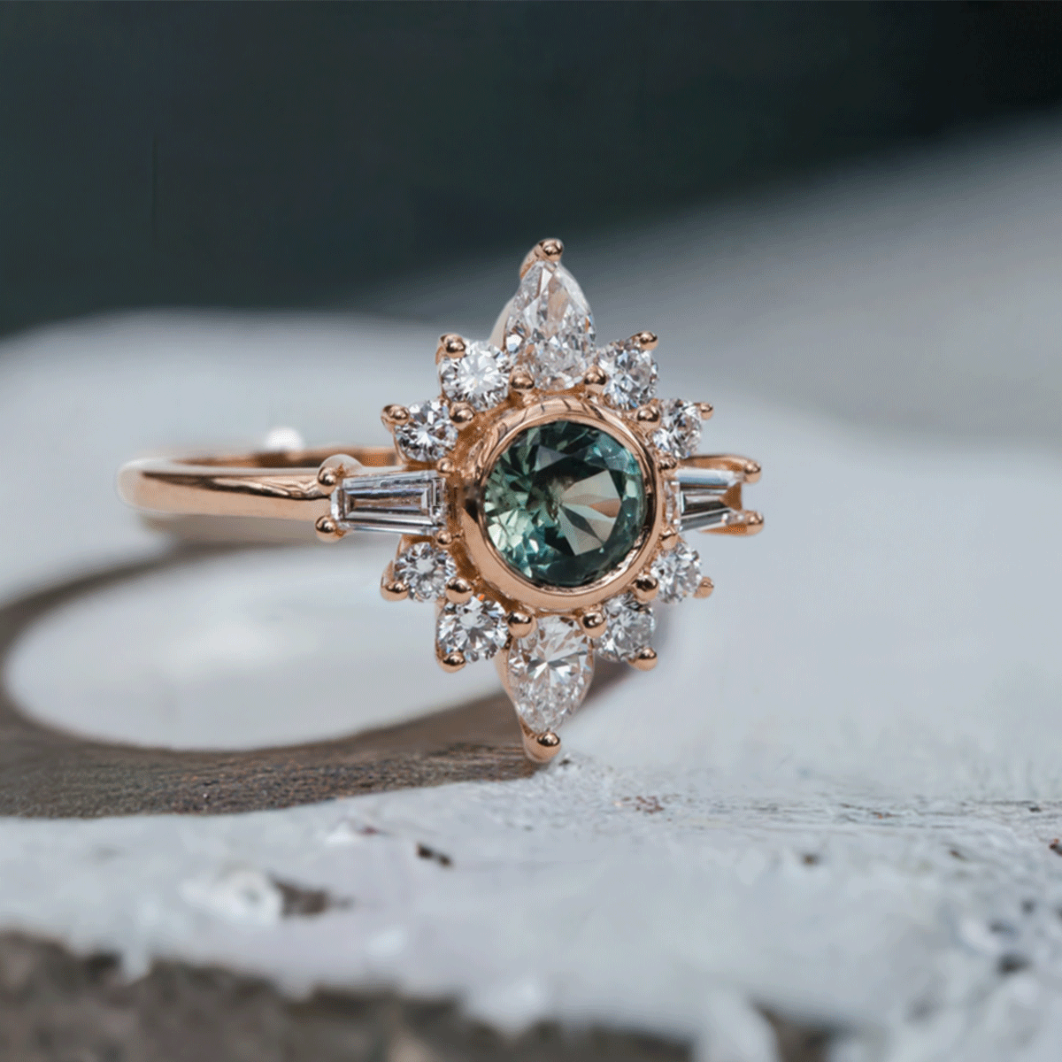 Snowflake Halo Green Diamond Ballerina Ring